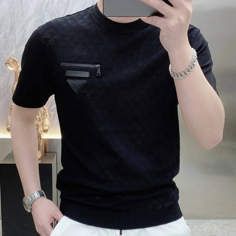 2023 Summer Men's New Fashion Short Sleeved Trend Badge Embroidery Personalized Trend Slim Fitting Round Neck Hollowed Out Tees