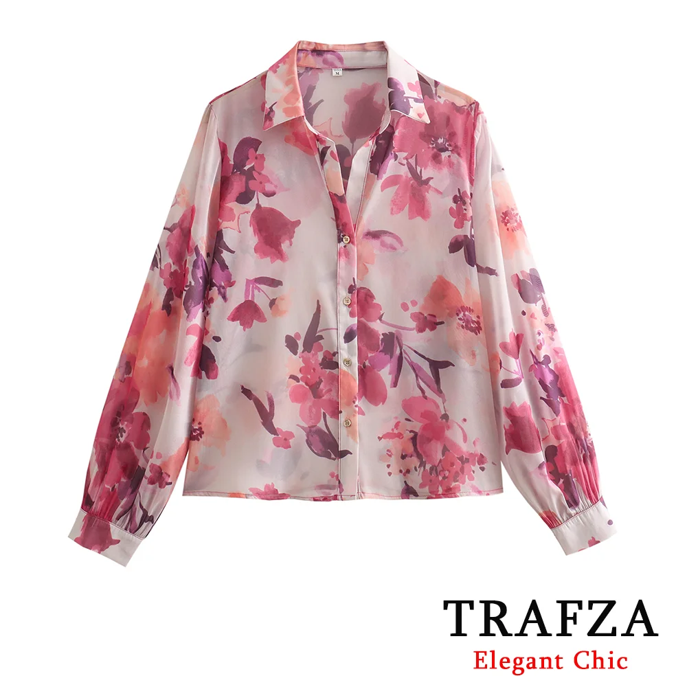 TRAFZA Elegant Casual Printed Shirts Women\'s Long-Sleeved V-neck Lapel Floral Shirts New for 2024 Spring Summer Buttons Shirts