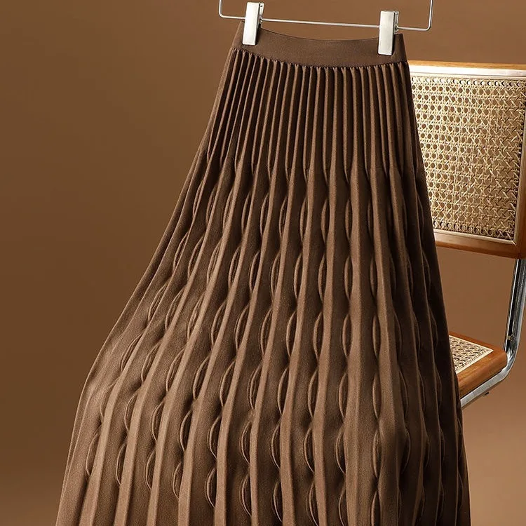

Women's Beige Wave-Pleated Maxi Skirt | High-Waisted Knit A-Line Skirt | 2025 Autumn Winter New