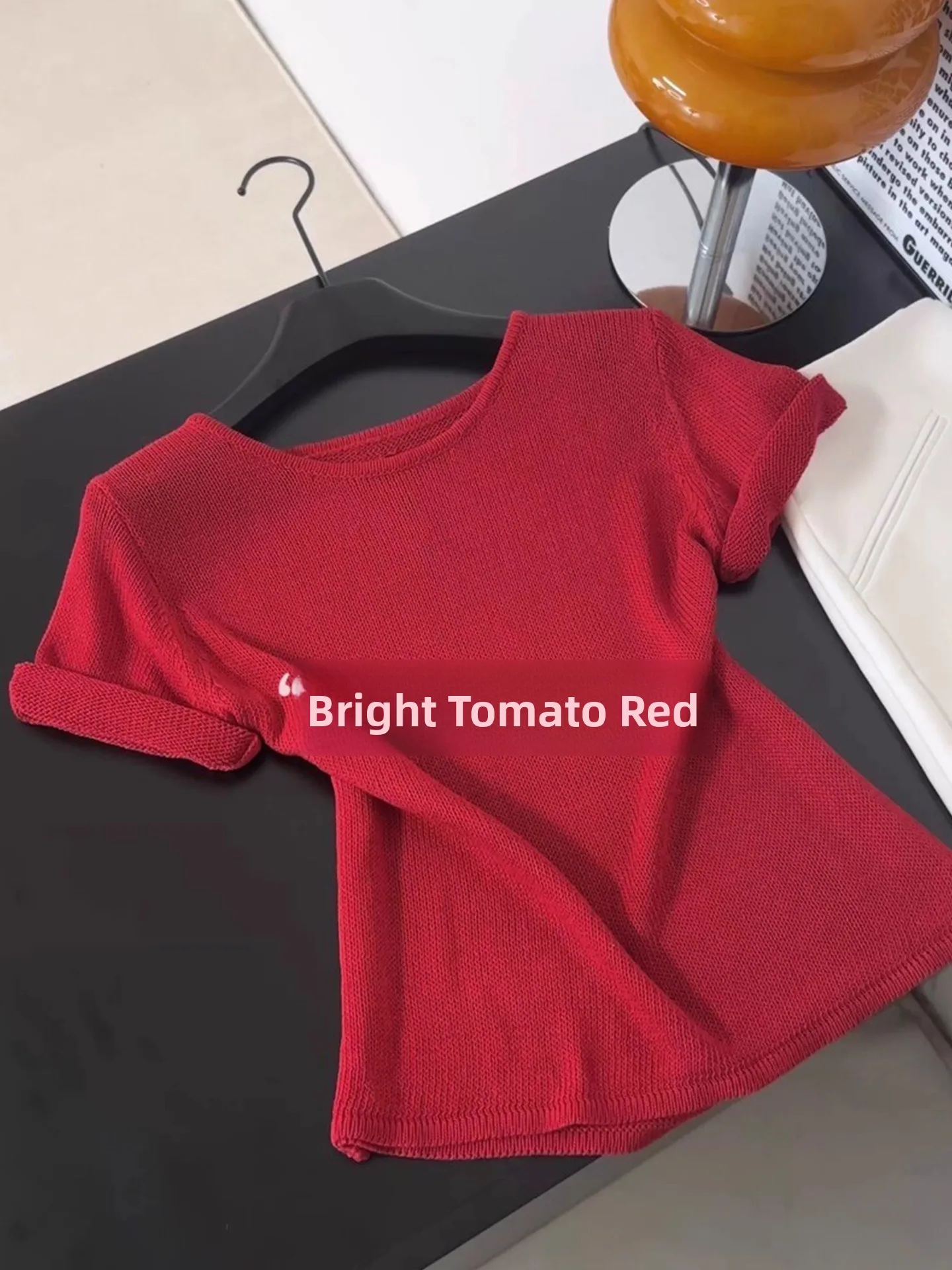 Korean Style Red Short Sleeve Women's Summer Slim Fit Color Top Age Reduction T-Shirt Commute Style Pure Color T-Shirt