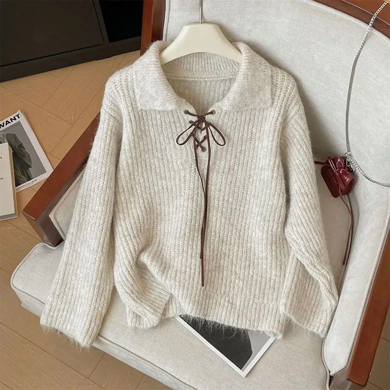

2026 New Autumn Winter Fashion Long Sleeve Lapel Elegant Sweater Women Pullover Casual All-Match Knitted Tops Jumper Femme