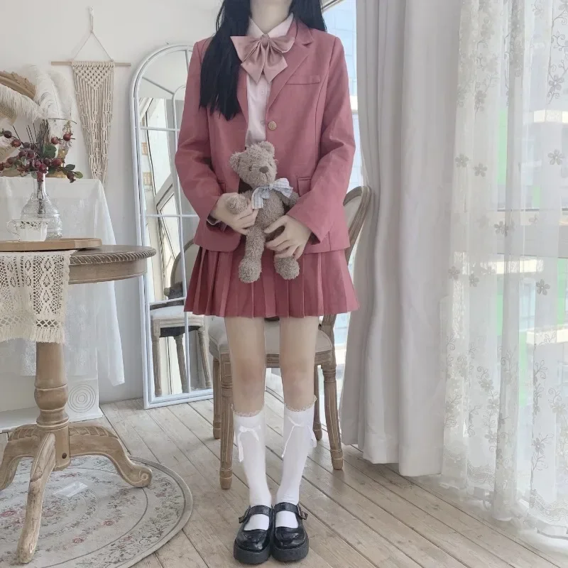 Japanse Roze Metalen Knoop Lange Mouwen Jas Mini Geplooide Rok School Uniform Voor Vrouwen In De Herfst Schattige Koreaanse Школьная Форма