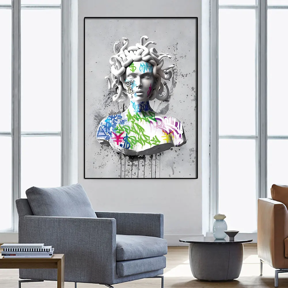 Medusa Sculpture Money is Life Canvas Painting Trendy Vintage Posters And Printable Picture Wall Art for Room Farmhouse Decor