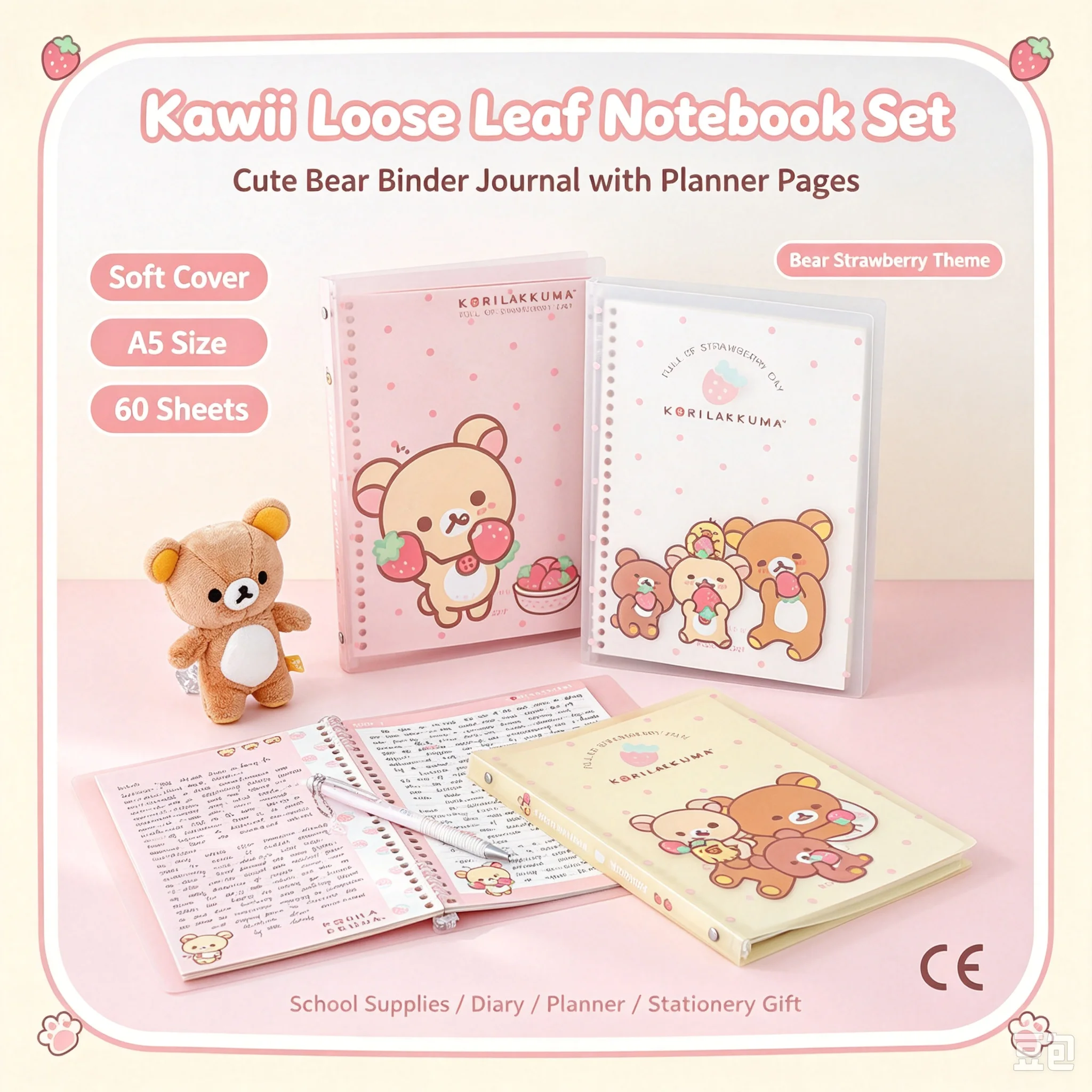 Rosyposy Korilakkuma Strawberry B5 Loose Leaf Notebook Soft Cover Cute Journal For Daily Study Writing Note Taking Notebook Book