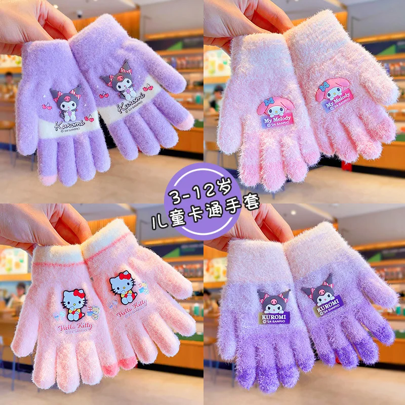 

Hello Kitty and Melody Sanrio Kids Furry Knitted Gloves Thickened for Cold Weather Five Finger Gloves for Boys and Girls Outdoor
