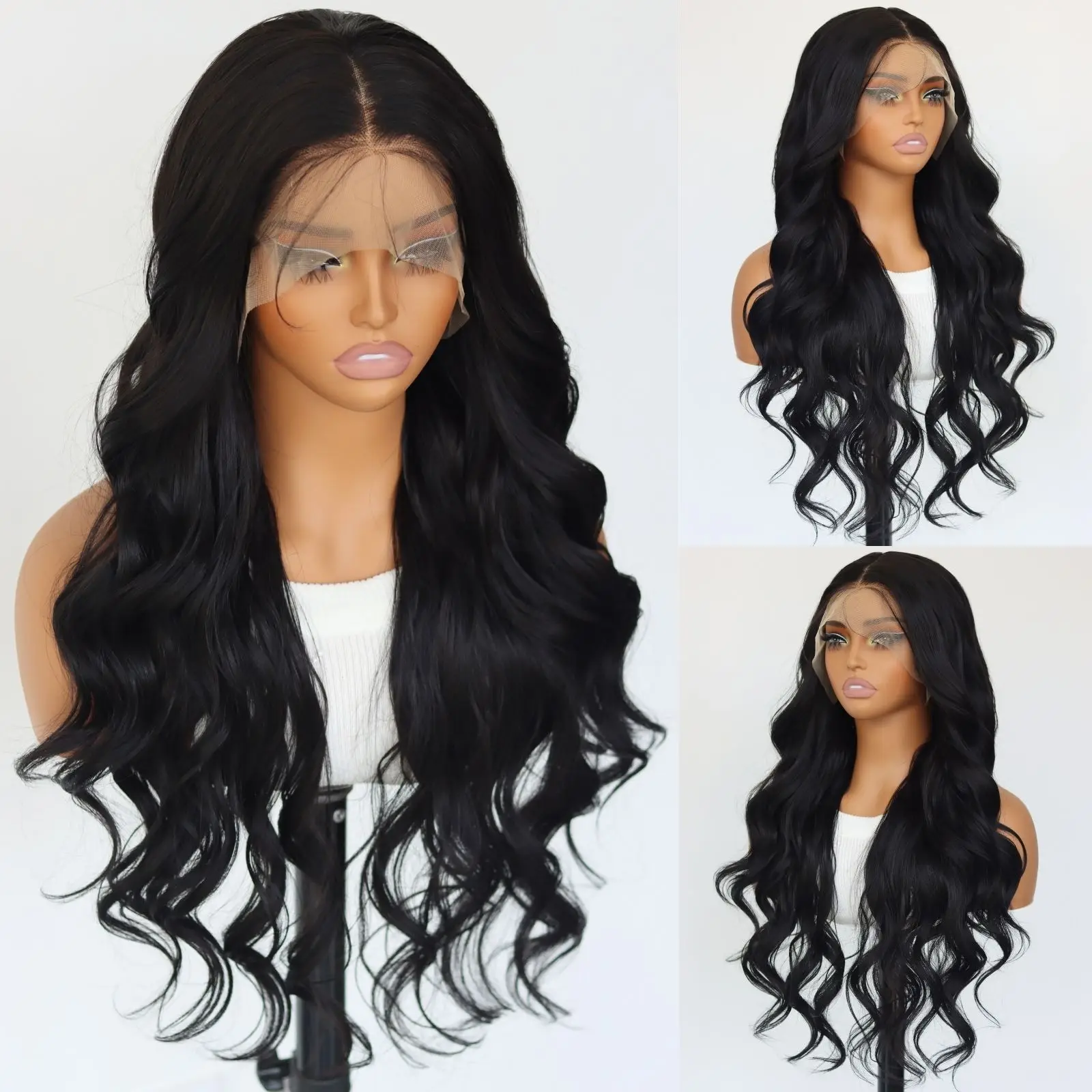 

Натуральный Черный 13×4 Парик Фронта Шнурка Длинные Волнистые Синтетические Парики Предварительно Сорванные Натуральные Волосы Парик Для Женщин