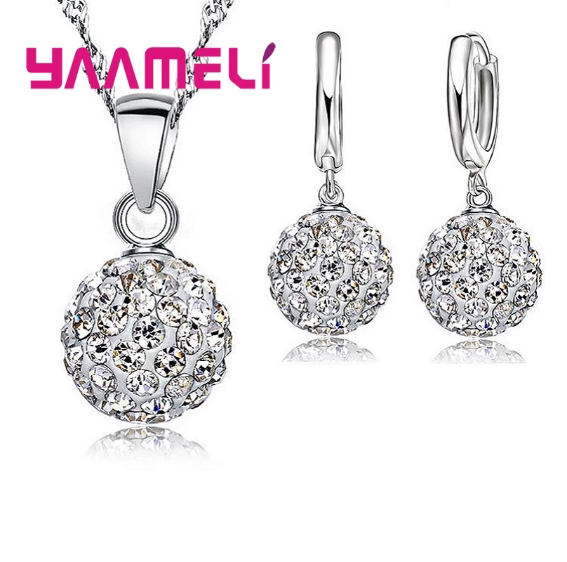 925 Sterling Silver Bridal Jewelry Sets Women Girls Wedding Gifts Austrian Crystal Paved CZ Disco Ball Necklace Hoop Earrings