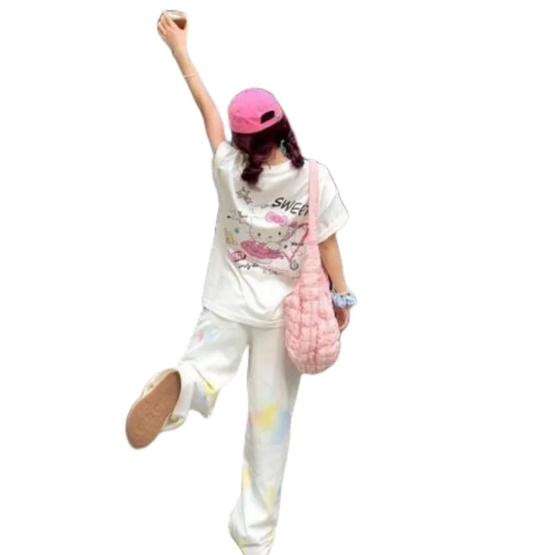 

Miniso Hello Kitty Short Sleeves Kawaii Girl Sanrio Loose Casual Printed Short Sleeves Student Cartoon Fashion T-Shirt Gift