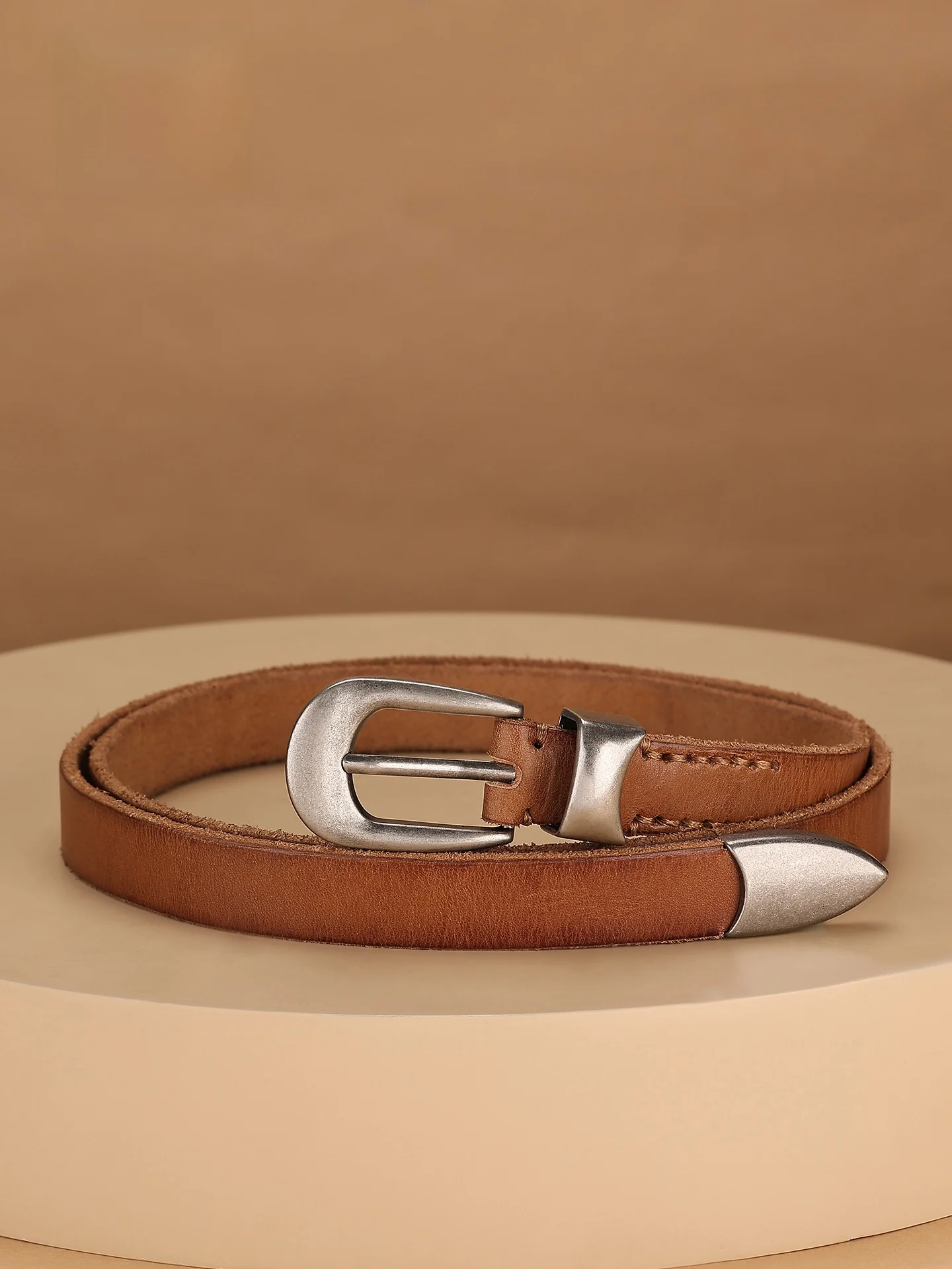 レトロカジュアルレディースレザーベルト薄いブラウンデニムウエストベルトトレンディなジープスピリットブランド2025新スタイル全年齢向け