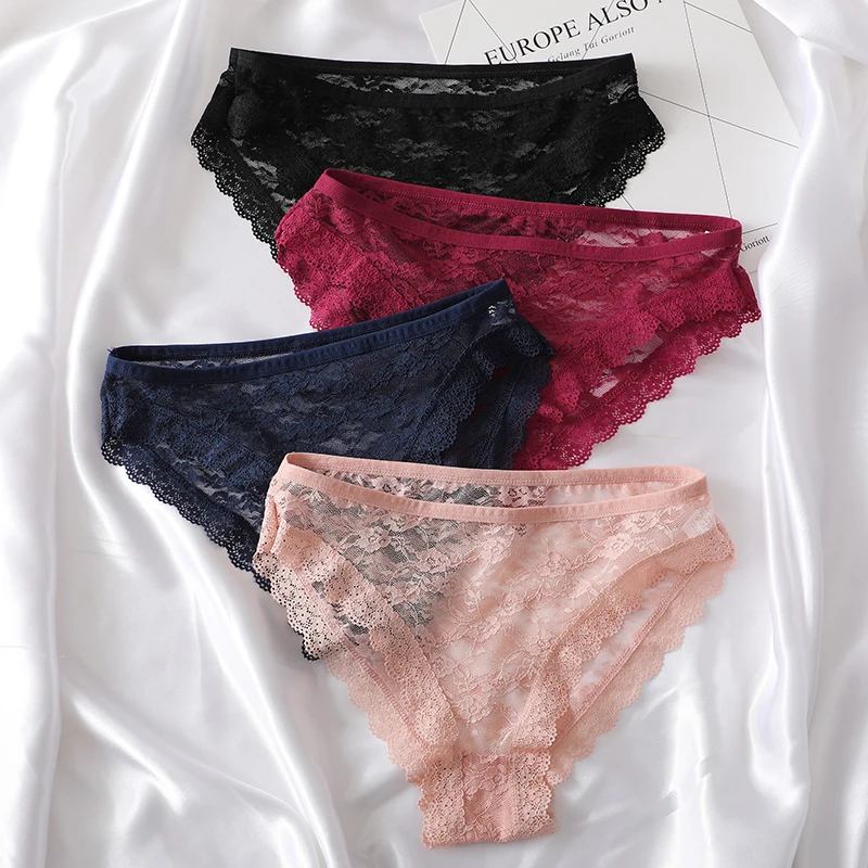 FINETOO 3Pcs/Set Women Sexy Lace Panties Low Rise Hollow Out Transparent Ladies Briefs Solid Color Female Underwear Lingeries