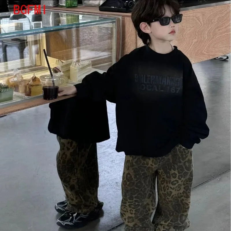 Boys 2024 Spring Autumn New Korean Children\'s Black Letter Sweatshirt + Leopard Vintage Denim Loose Pants Children\'s Fashion Set