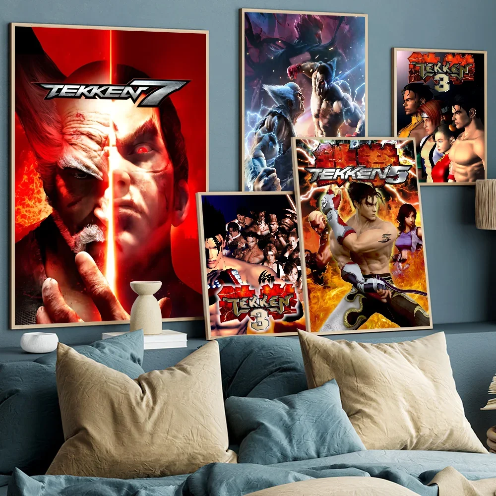 TEKKEN-Pósteres de Anime, decoración adhesiva, pintura, arte de pared, decoración de pared de papel Kraft blanco