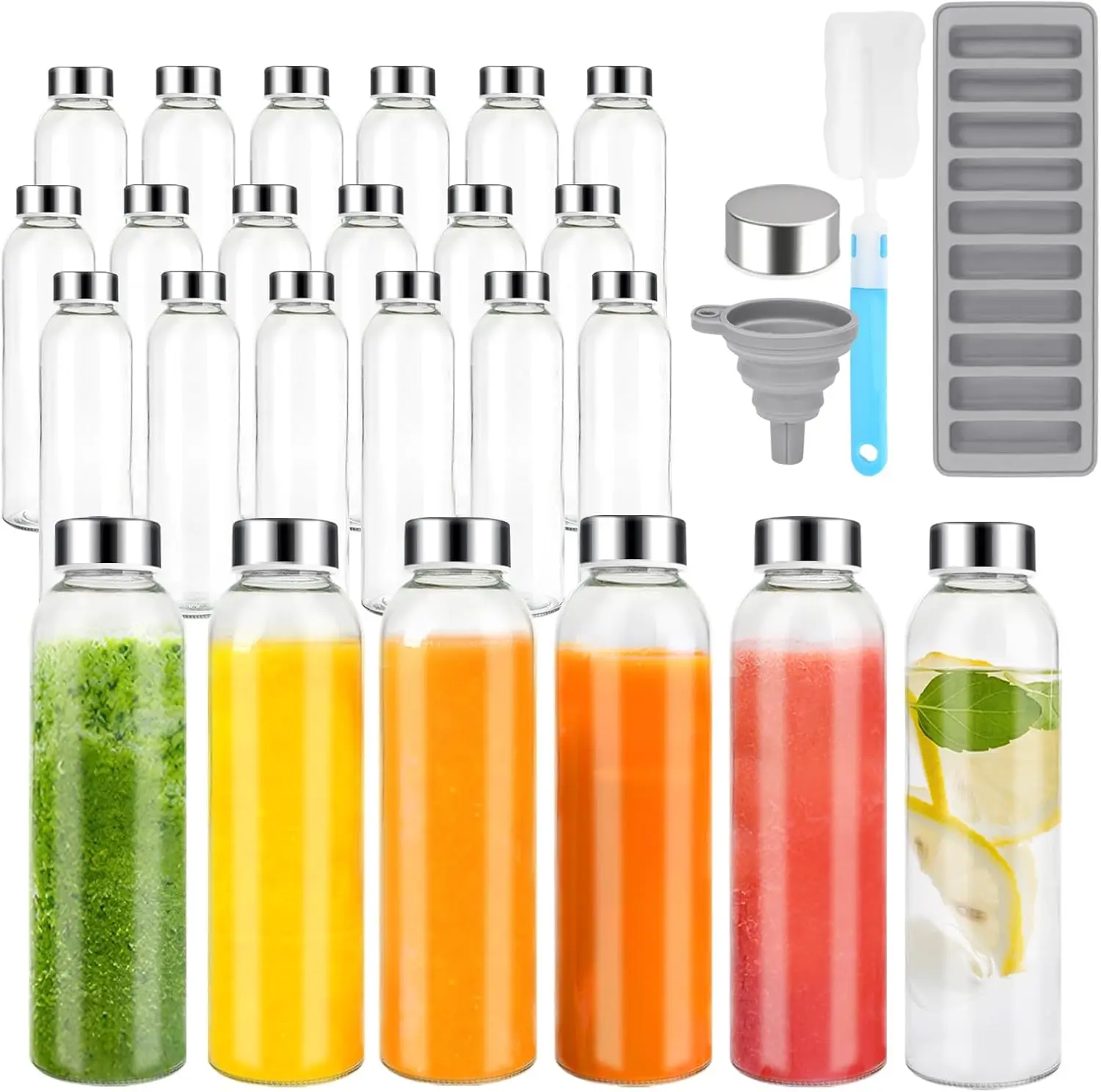 

24-Pack 18 oz Reusable Glass Juice Bottles with Airtight Stainless Steel Lids, Leak-Proof and BPA-Free