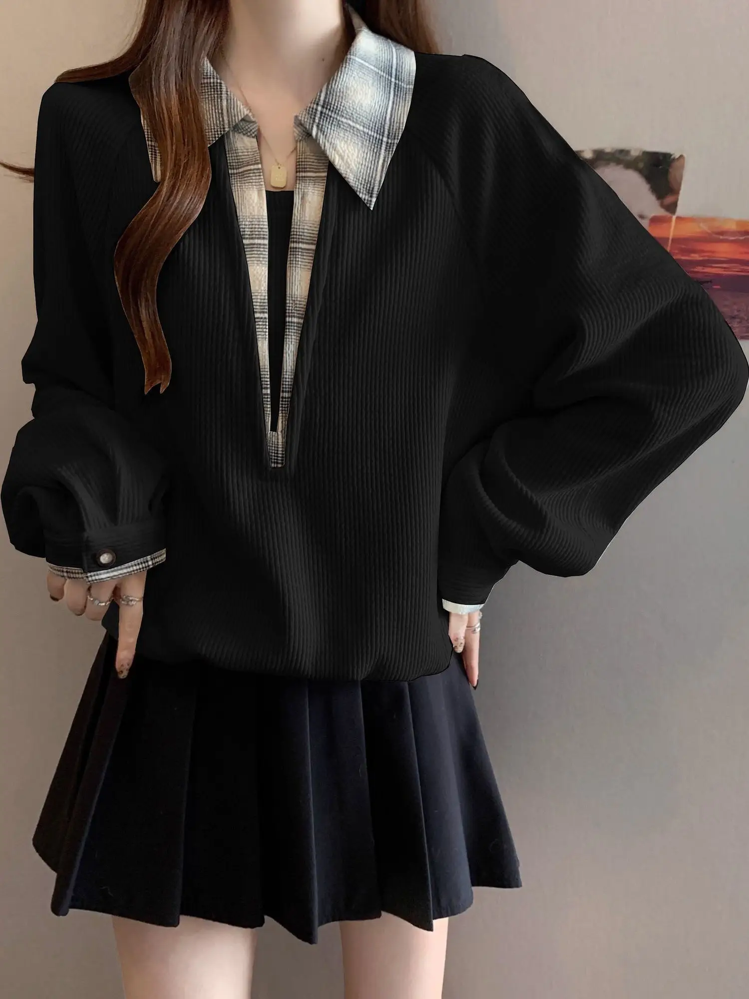 Suéter Feminino Longo com Design de Recortes, Ajuste Solto, Moda de Outono e Inverno, Alta Qualidade, Estilo Coreano com Gola