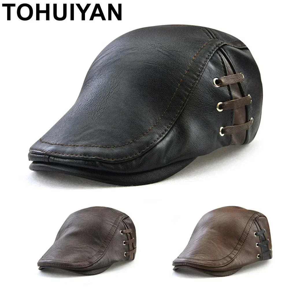 TOHUIYAN Leather Newsboy Hat For Men Winter Warm Beret Cap British Gentleman Boina Gorras Planas Flat Caps Male Retro Gatsby Hat