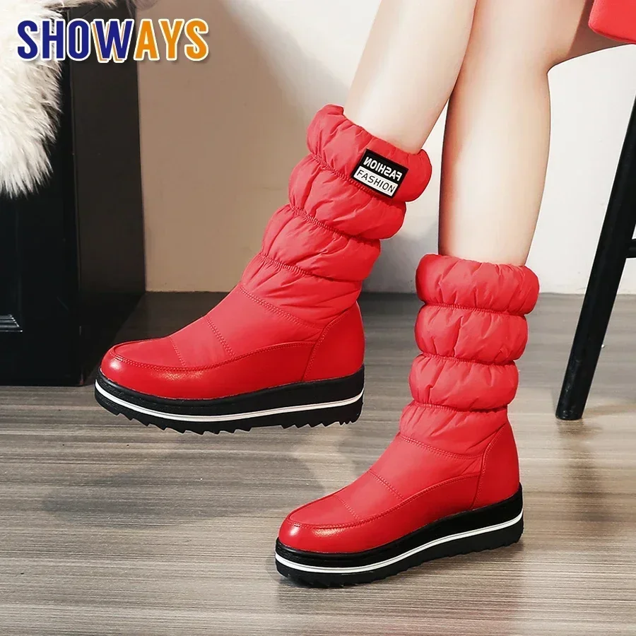

2025 Winter Women Fur Snow Boots Black Red Down Waterproof Thick Heels Casual Outdoor Ladies Warm Plush Mid-calf Platform Boots