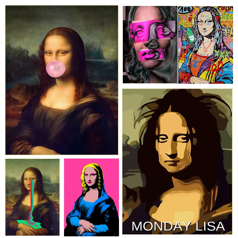 Забавная Мона Лиза в стиле поп-арт, пузырьковая резинка, социальные постеры и принты, холст, живопись, настенные художественные фотографии, современный декор для путешествий, домашняя комната
