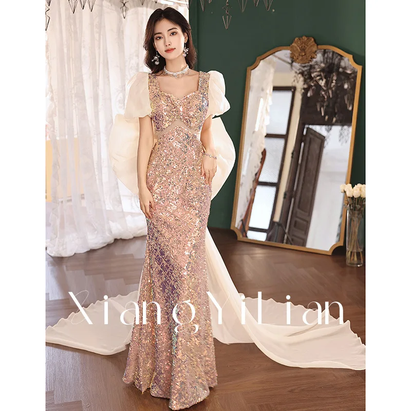 2023 Woman Sparkly Exquisite Sequins Fishtail Wedding Dress Elegant Short Sleeves Floor-Length Party Formal Toast Gown