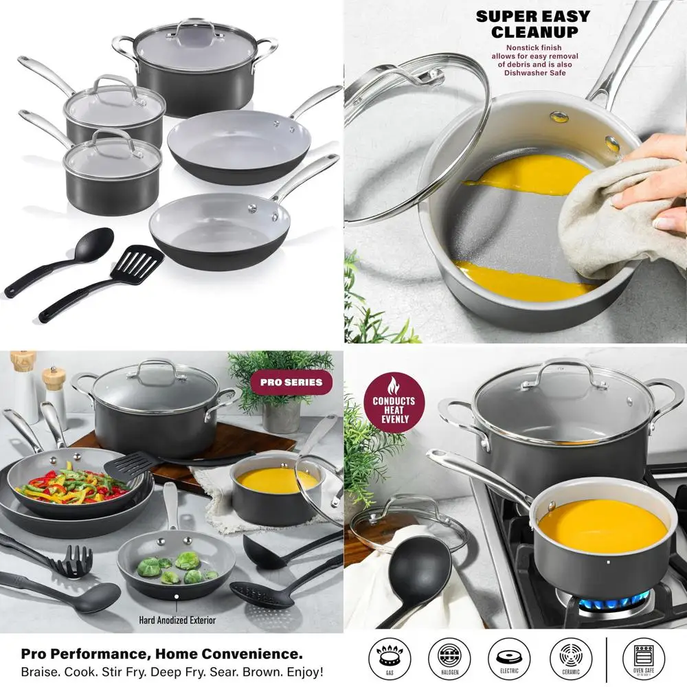 

13-Piece Ceramic Non-Stick Cookware Set with 5 Tools, Diamond & Mineral Coated, Hard Anodized, Oven & Dishwasher Safe