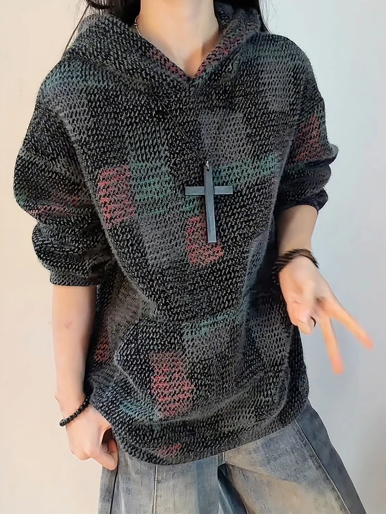 

Американский вязаный худи в клетку с контрастными вставками, мужской, осенне-зимний, утепленный, для пар, верхняя одежда, Cleanfit, внутренняя подкладка