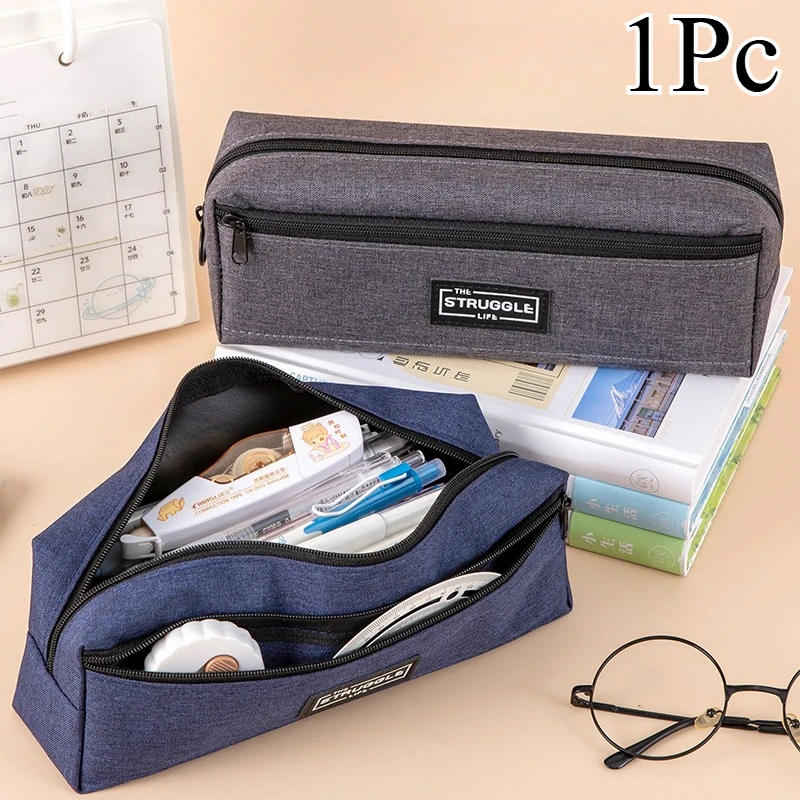 Simple Style Pencil Case Canvas Solid Color Smooth Zipper Double Layers Stationery Pen Storage Bag