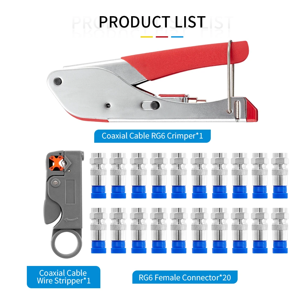 RG6 RG59 Coaxial Compression Crimping Tool Kit, Cable Crimper & 20 pcs F Connectors for CATV Satellite TV CCTV Installation
