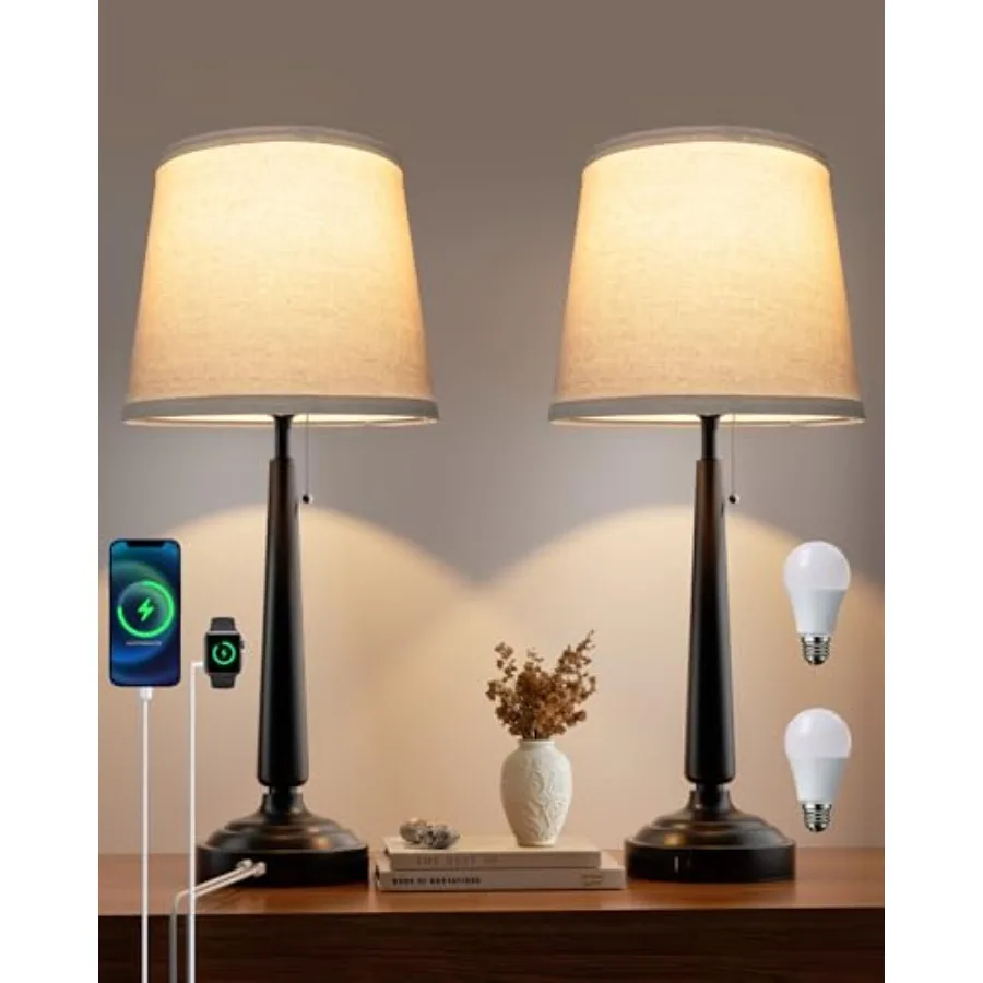 

Lamps for Living Room Set of 2 Farmhouse Table Lamps for Bedroom 22''Bedside Lamps 3-Way Dimmable with USB C+A Ports LED Bulbs