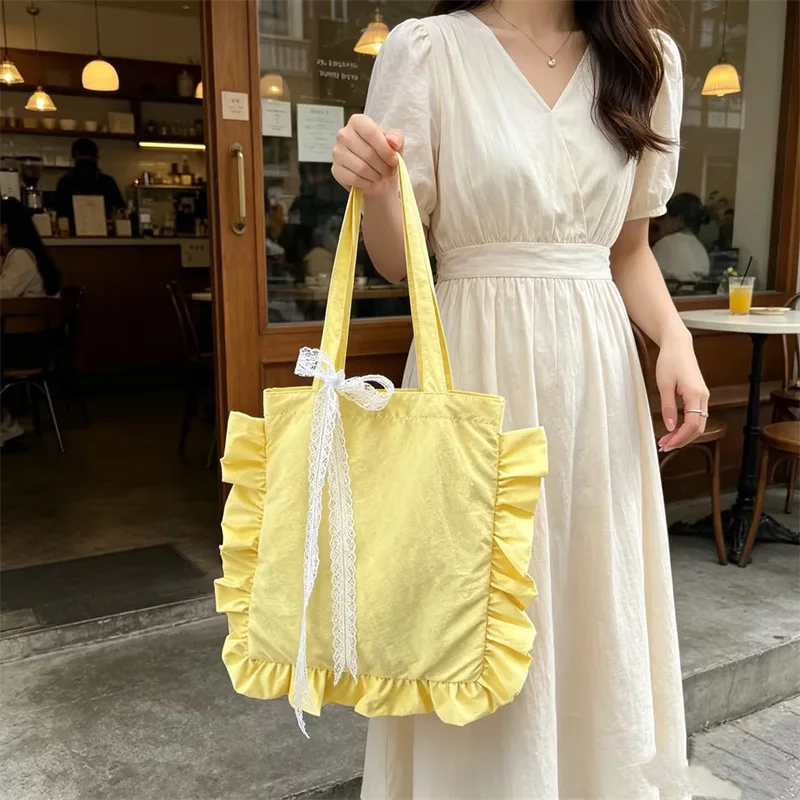Custom Print Logo Korean Pleated Ruffle Lace Shoulder Bag Solid Color Nylon Tote Bag Cute Women's Large Capacity Shopping Bags