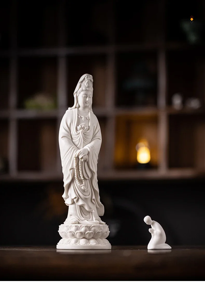 Dehua white porcelain standing like Guanyin Bodhisattva ceramic Nanhai Guanyin home decoration lamp ring ornament