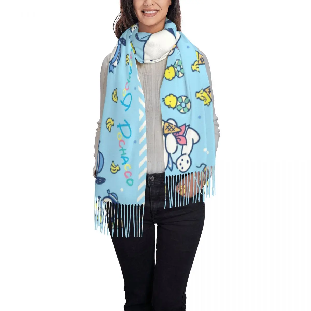 Custom Pochacco Kawaii Cartoons Tassel Scarf Women Soft Shawls Wraps Lady Winter Scarves