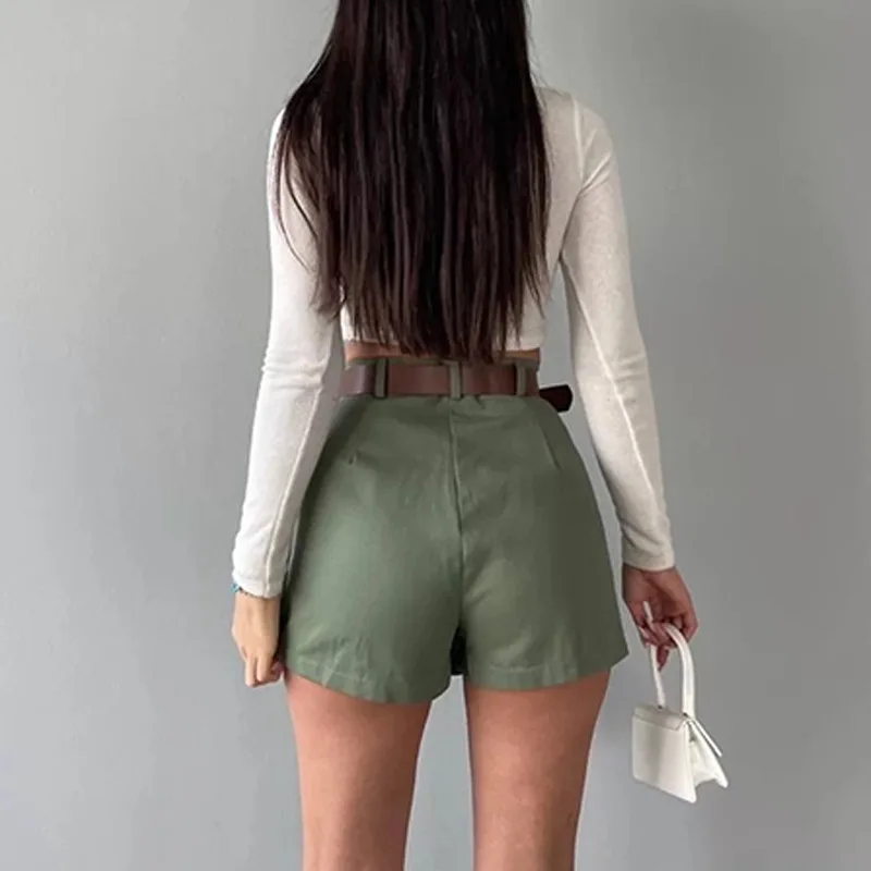 Retro Solid Color Women\'s Shorts Skirt Spring Casual Women\'s High Waist Pleated Mini Skirt Women\'s Street Slim Shorts Belt