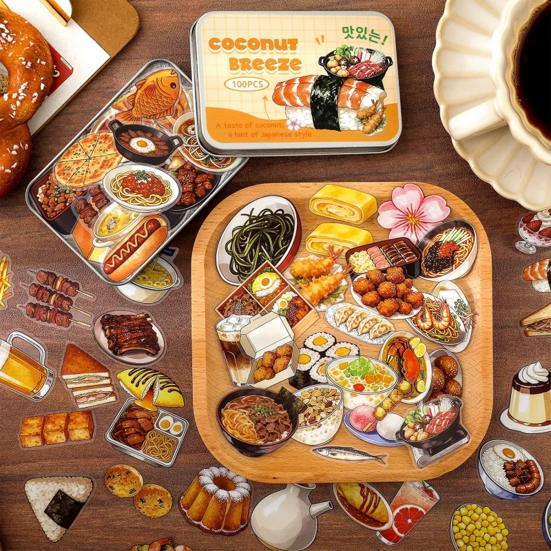 100pcs/pack Food Travel PET Stickers Culinary Adventure Sticker Waterproof Journaling Scrapbooking Decals DIY Crafts