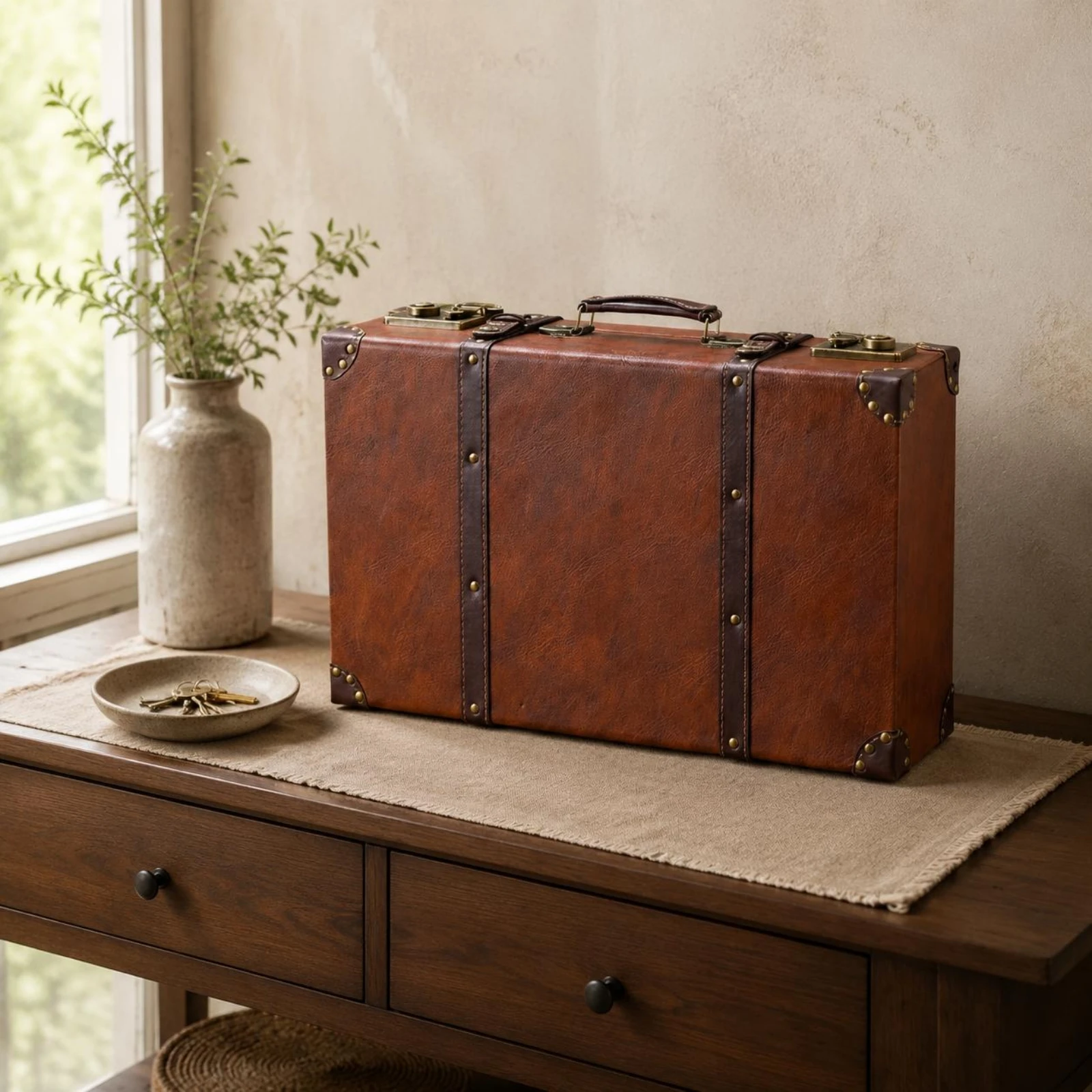 Vintage Leather Suitcase Front Closure Hardware Hard-Sided Leather Suitcase Travel Storage Case Reinforced Corners Decor Item