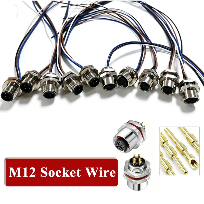 M12 Waterproof Socket with 20CM Cable IP67 22AWG 4 5 8 Pin Connector Cable Glued Integrated Board Mounted Fixed Panel Socket