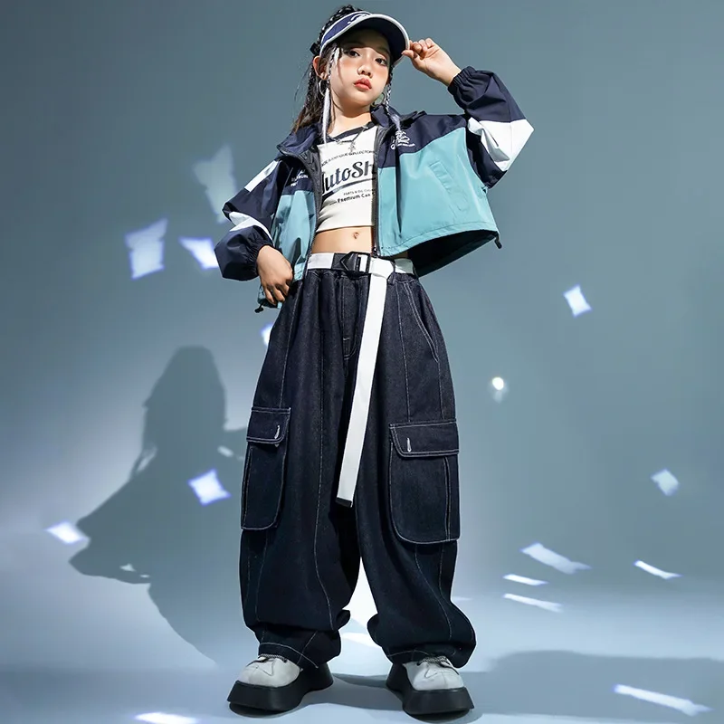 Girls Hip Hop Clothing Crop PU Leather Jacket Casual Streetwear Denim Pants for Kids Jazz Dance Costumes Teenage Kpop Clothes