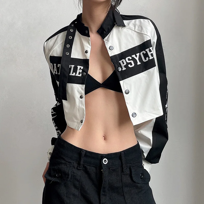 Faionable ort Crop Top Open Vest Pittig Cool Motorcycle PU Jaet Street Sle Long Sve Ritssluiting Dames Leat...