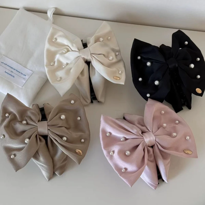 Pinza de Pelo Francesa Coreana con Lazo de Perlas y Satén - Pinza para Peinado Voluminoso, Accesorio Elegante y Dulce para Citas