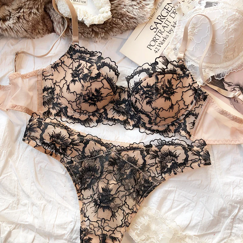 Sexy Lace Flowers Embroidery Bra Set Thin 3/4 Cup Push Up Lingerie For Women Summer Breathable Comfort Brassiere Underwear Sets image 6