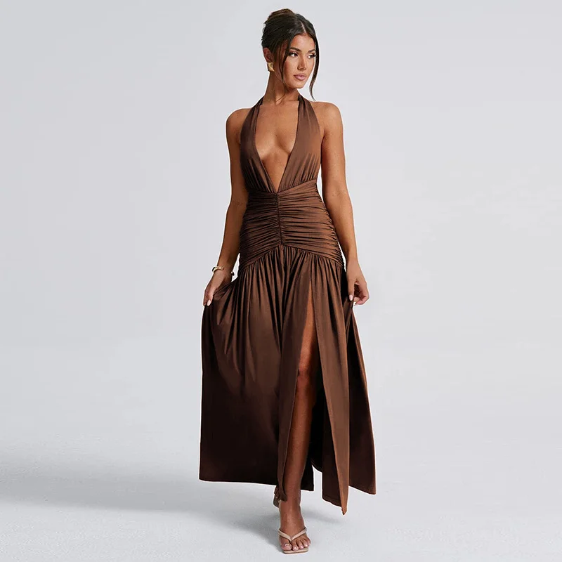 Fashion Solid Halter Deep V Neck Backless Maxi Dresses Sexy Halter Lace-up High Split Dresses Women Lady Elegant Party Vestido