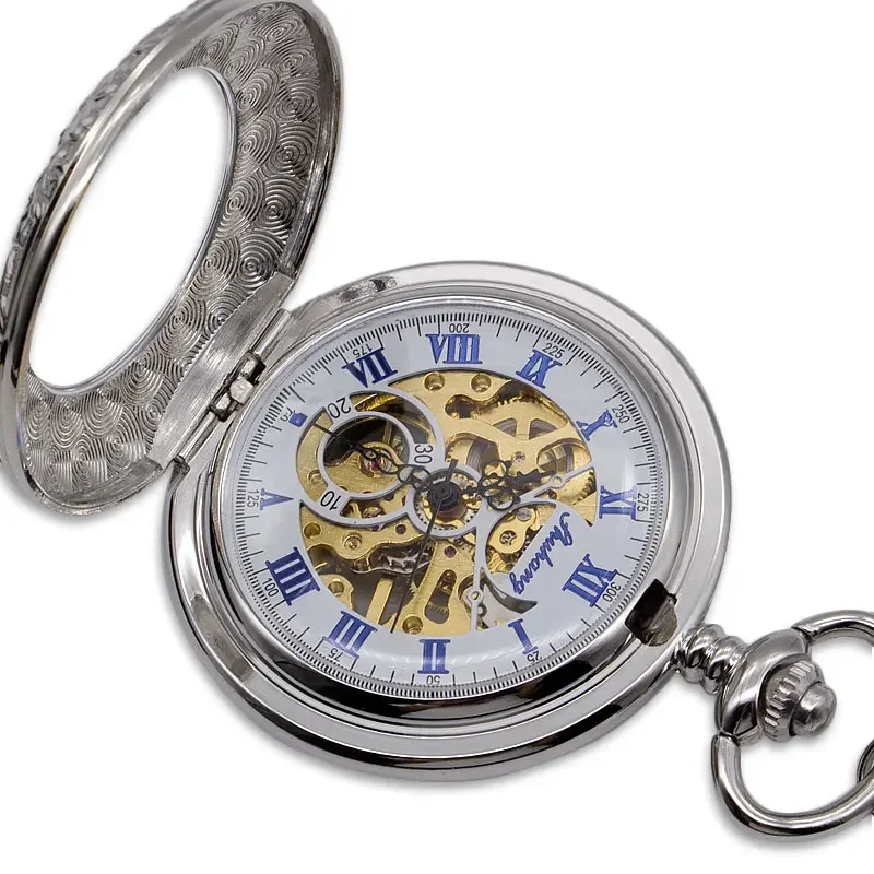 Mode Skelett Uhren Steampunk Silber klassische Vintage mechanische Taschenuhr beste Geschenk box für Männer Frauen pjx1369