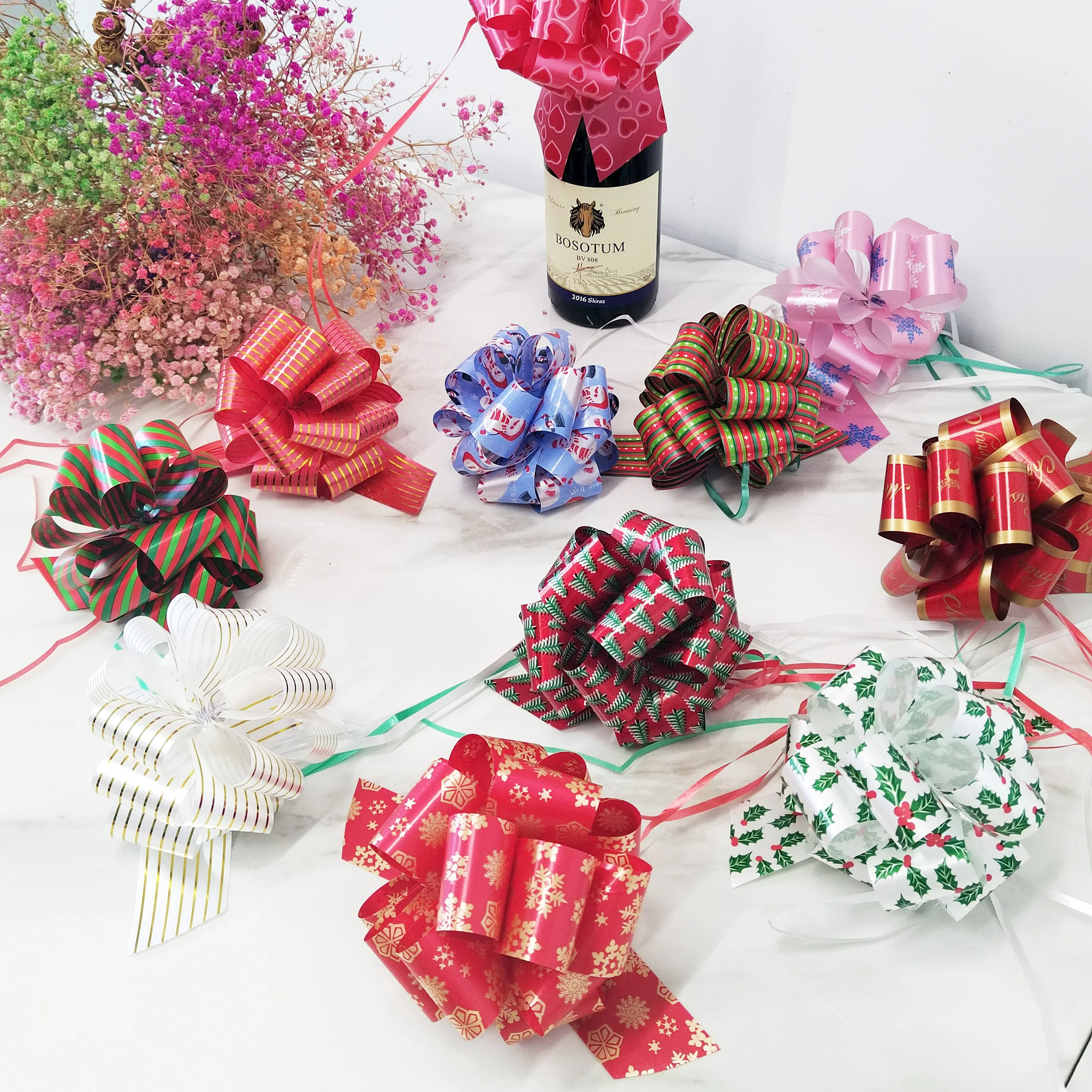 Christmas Pull String Bows Big 4.5 Inch Gift Bows Ribbon 12PCS for Xmas Present Wrapping Florist Flower Basket Decoration