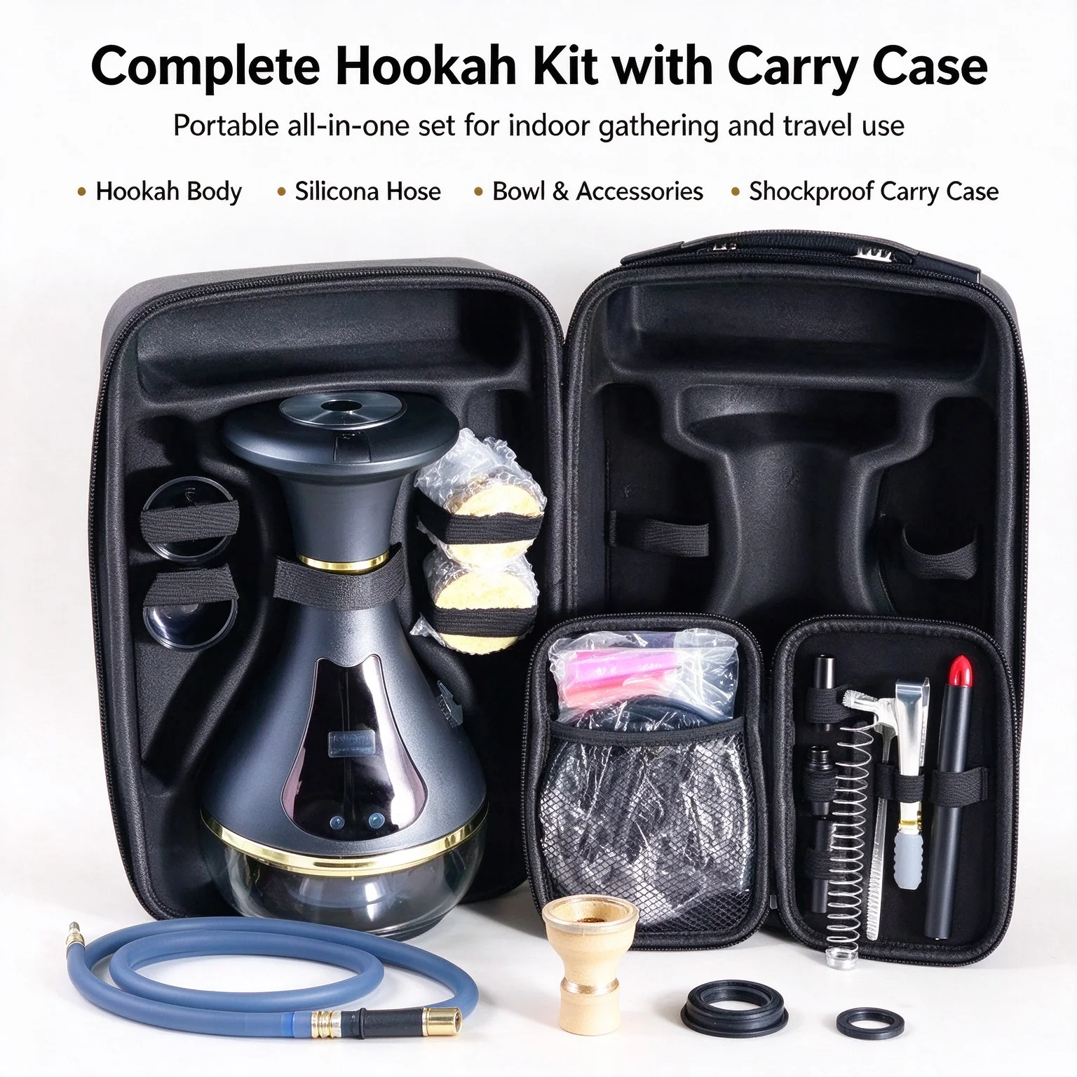 Rechargeable Electric Hookah Set, Charcoal-Free Portable Arabic Shisha Kit, Luxury Electronic Hookah with Storage Travel Case fo