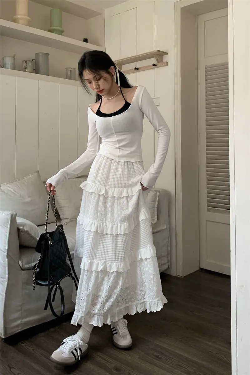 

Coigarsam Women Skirt Spring 2024 Office Lady Loose Patchwork High Waist Hollow Out White Skirts