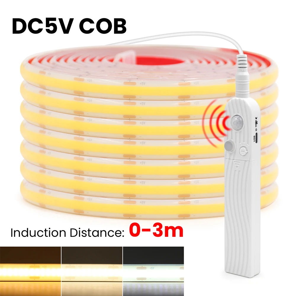 

5V LED COB Light Strip 320LEDs/m Motion Sensor High Density Tape AA Battery Powered Flexible Ribbon Rope Home Decor TV Backlight
