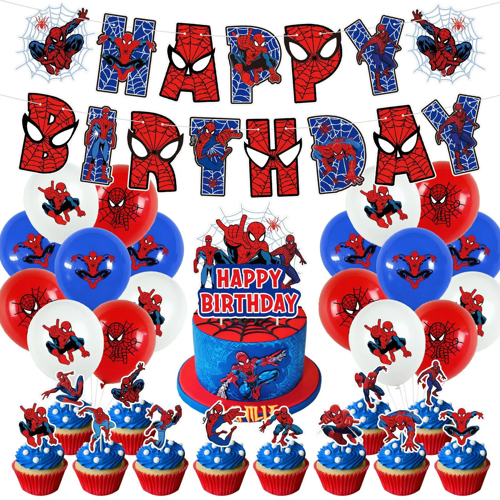Ensemble de décorations pour fête d'anniversaire Spider-Man, bannière Joyeux Anniversaire, ballons, décorations pour gâteau, pour garçons, thème super-héros