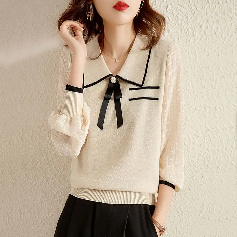 Peter Pan Collar Patchwork Chiffon Knitting Pullovers Autumn Winter New Fashion Bow Long Sleeve Sweater Ladies All-match Jumpers