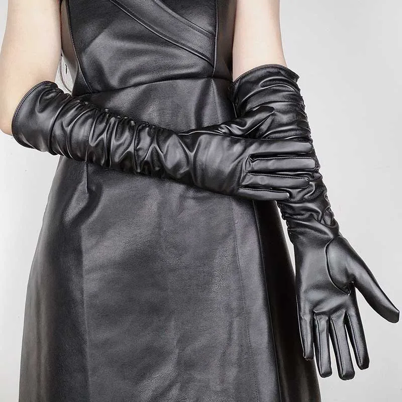 Winter Women PU Leather Pleated Pile Sleeve Touch Screen Gloves Sexy Silk Lining 50cm Long Full Finger Warm Driving Mitten K52