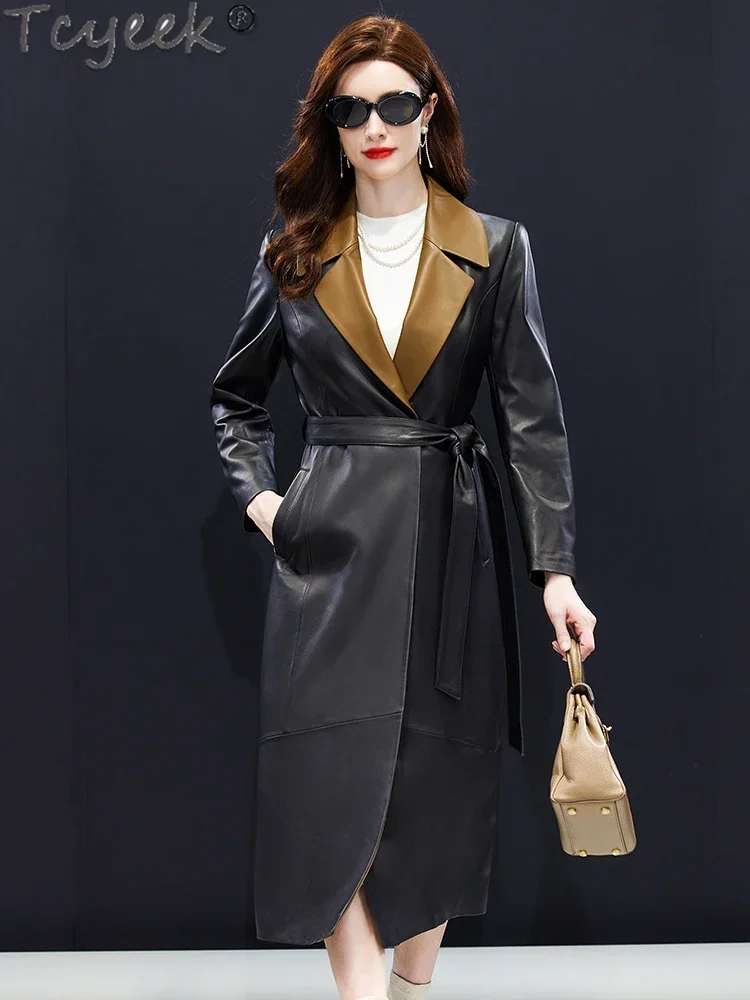 Tcyeek Real Leather Jacket Women Elegant Natural Sheepskin Coats Winter Clothes 2024 Mid-length Trench Coat Woman Jaqueta Couro