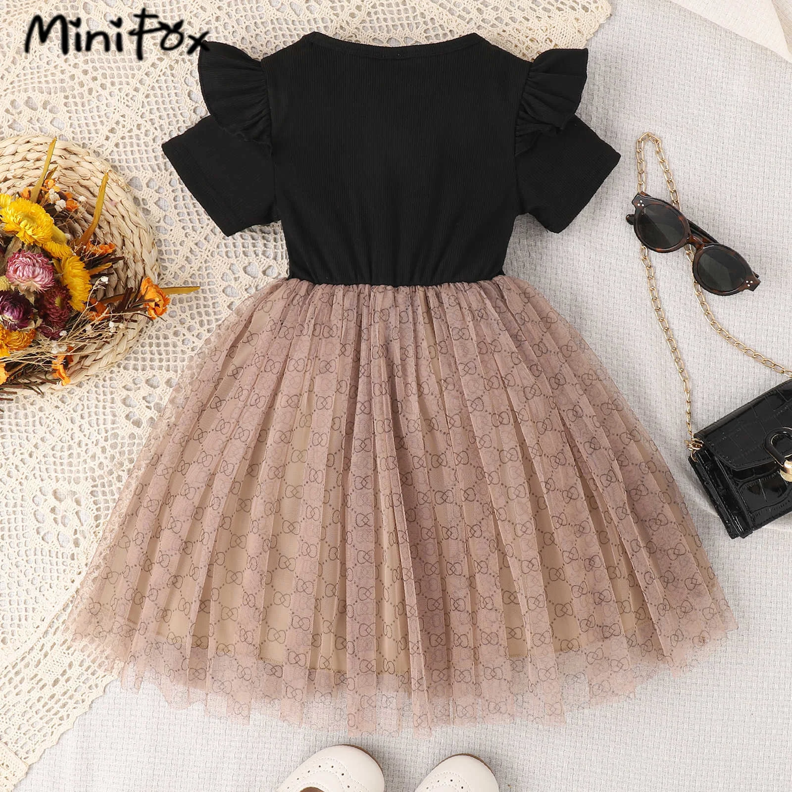 MiniFox Children\'s Party Dresses Summer 2024 Bows Printed Black Dress For Girls Evening Gown Dress Kids Clothes Girls