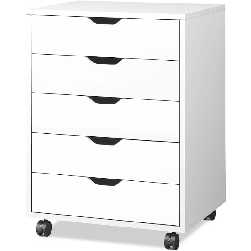 DEVAISE 5-Drawer Chest, Wood Storage Dresser Cabinet with Wheels, White Dressing Table  Makeup Vanity